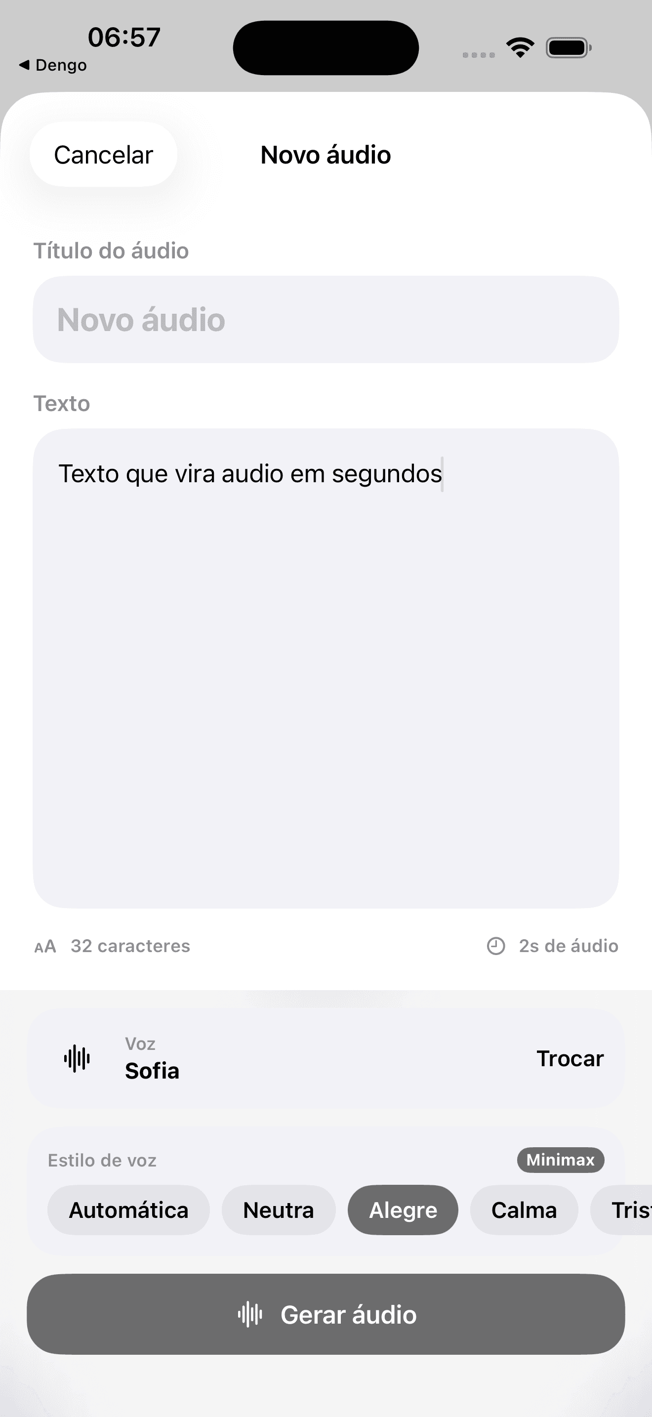 Ouve — Editor com voz selecionada